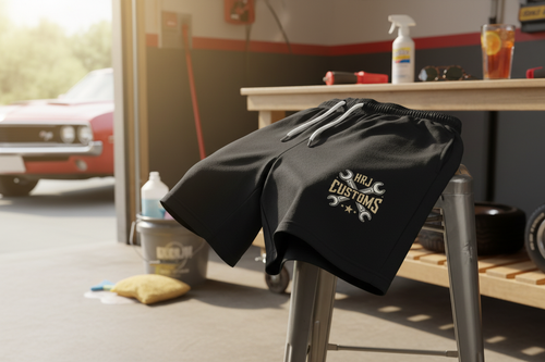 Black HRJ crew shorts in summer automotive setting