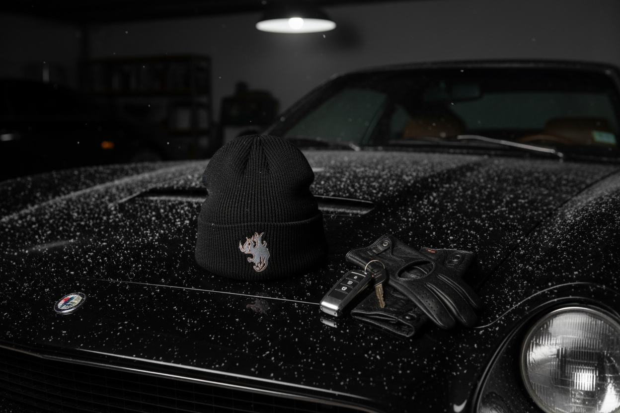 Black knit beanie in sleek automotive setting