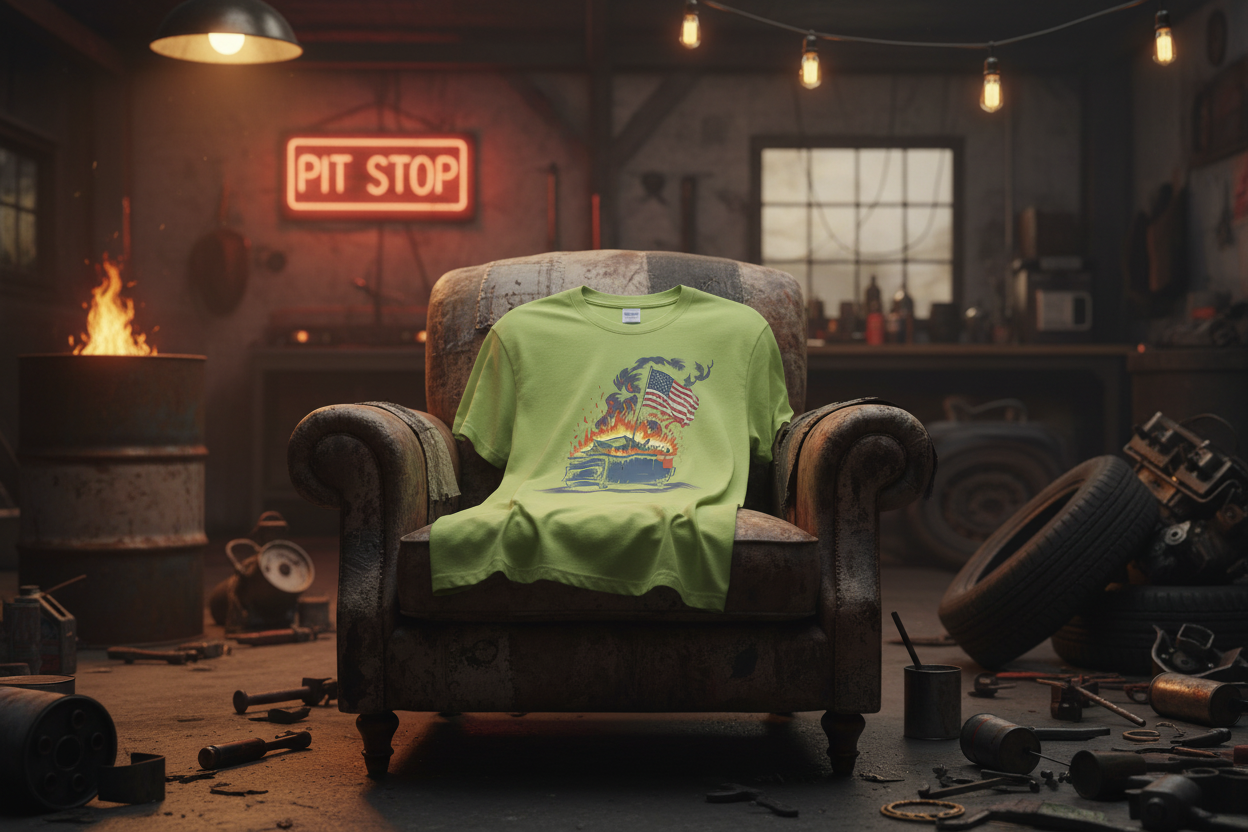 Dumpster fire shirt in edgy garage setting