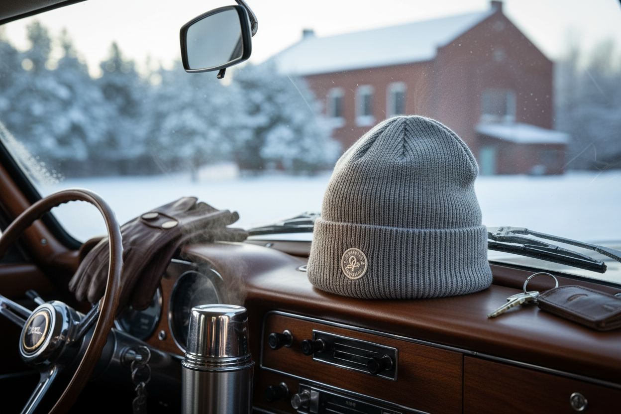 Grey knit wool beanie in winter automotive setting