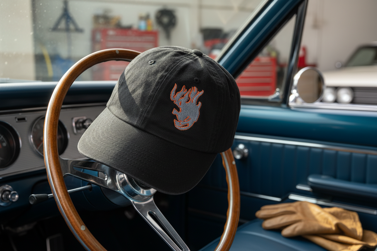 HRJ baseball hat in automotive setting