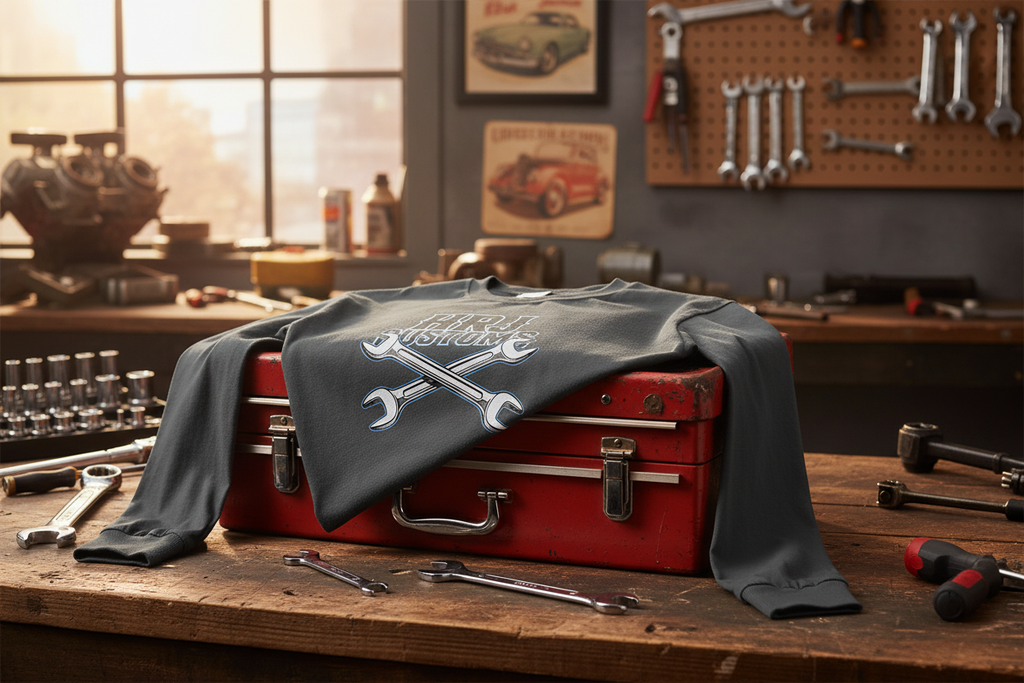 HRJ Customs wrench long-sleeve shirt in workshop setting