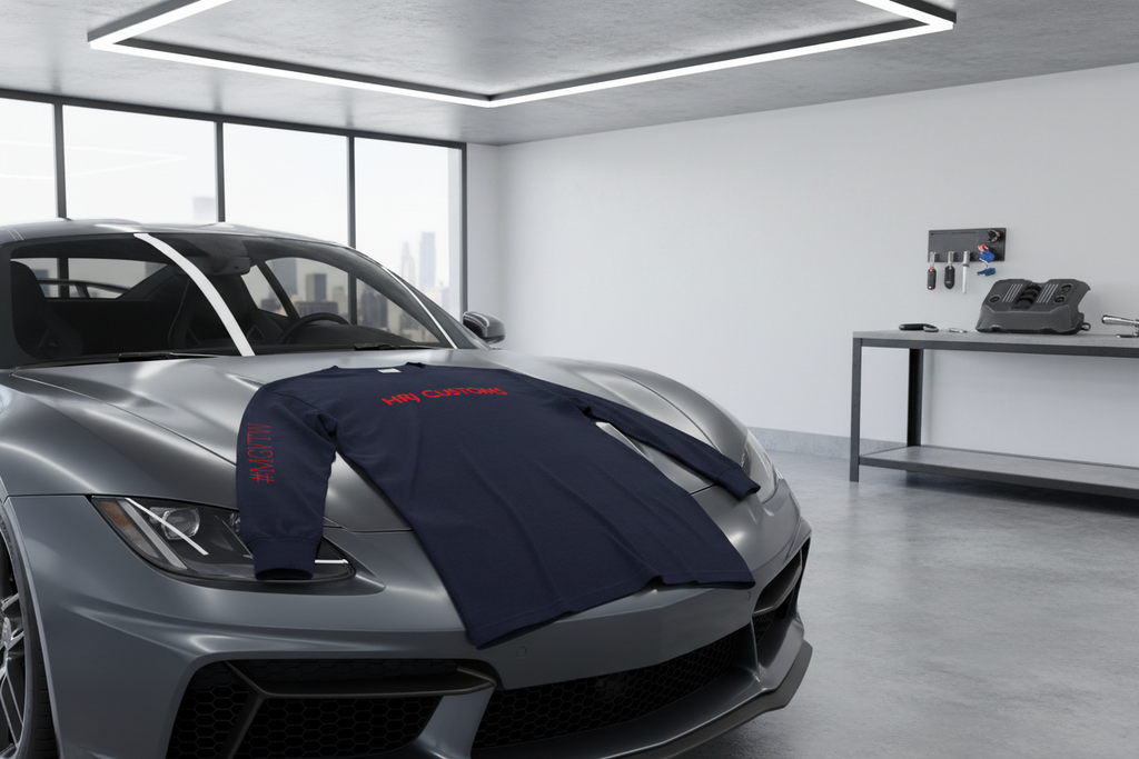 HRJ Hashtag performance shirt in modern automotive setting