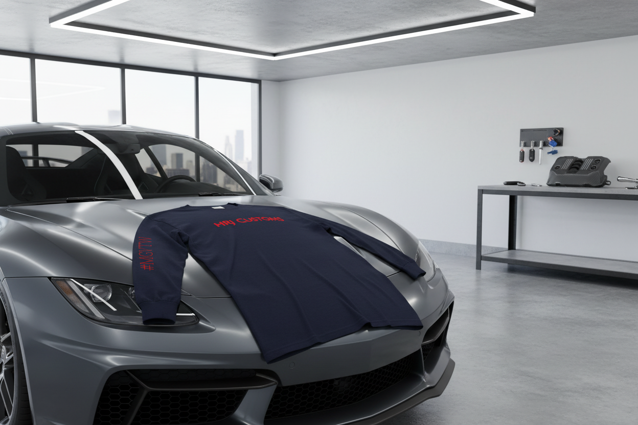 HRJ Hashtag performance shirt in modern automotive setting