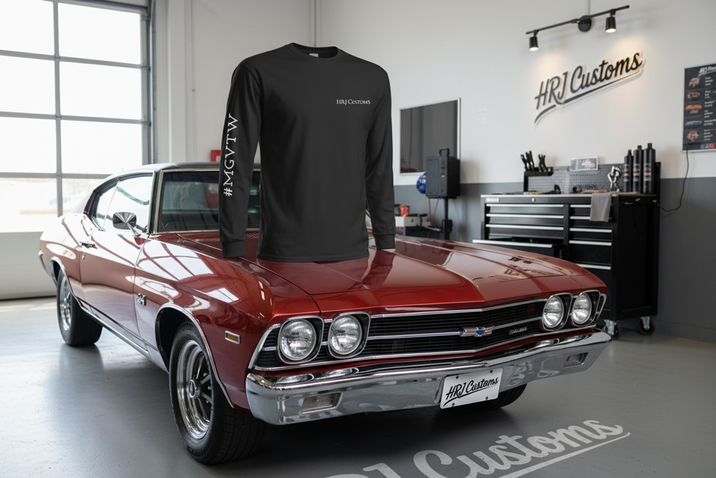 Long sleeve HRJ branded shirt in professional garage setting
